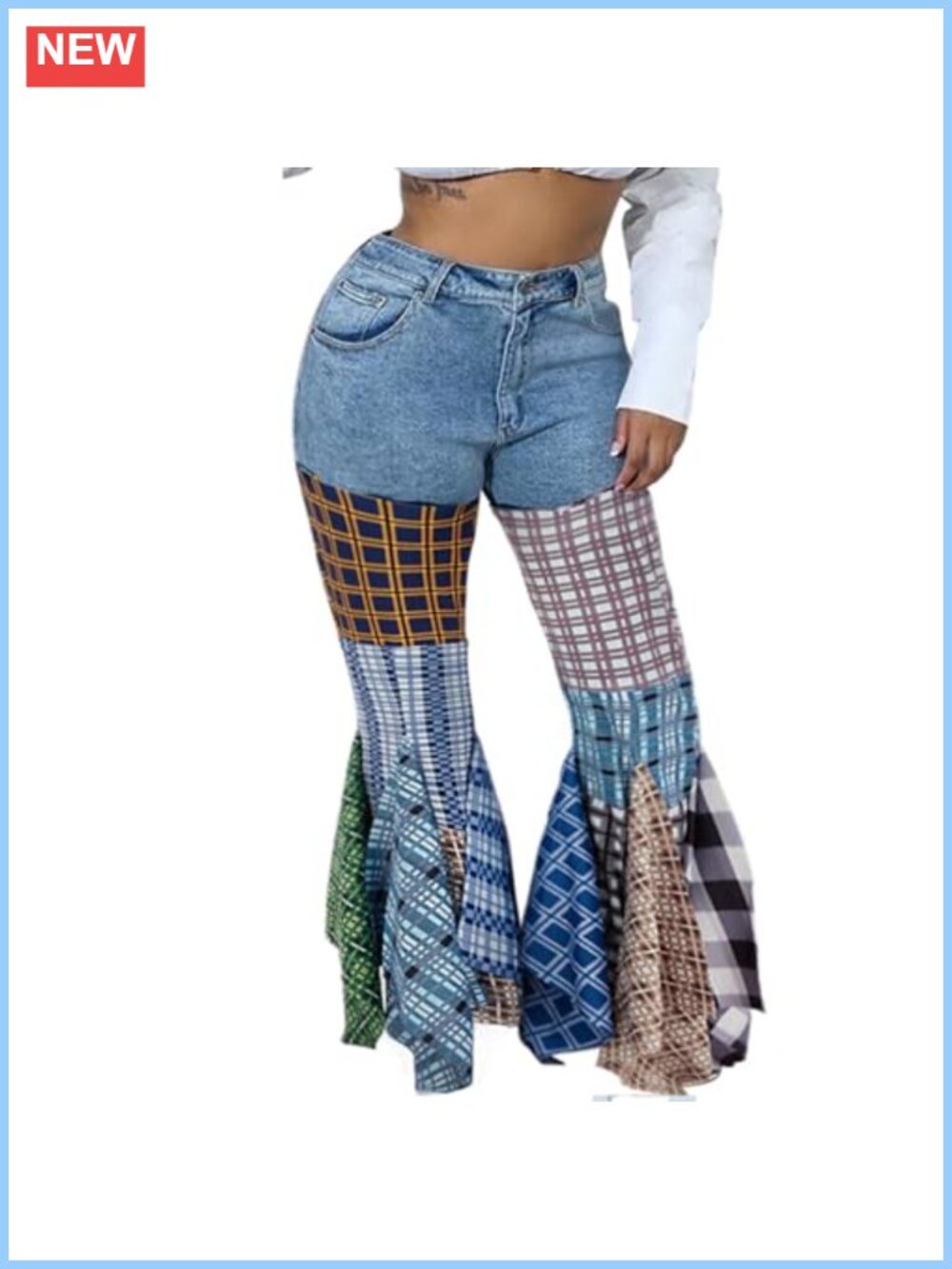Women High Waist Flare Jeans Plaid Patchwork Bell Bottom Ruffle Stretch Denim